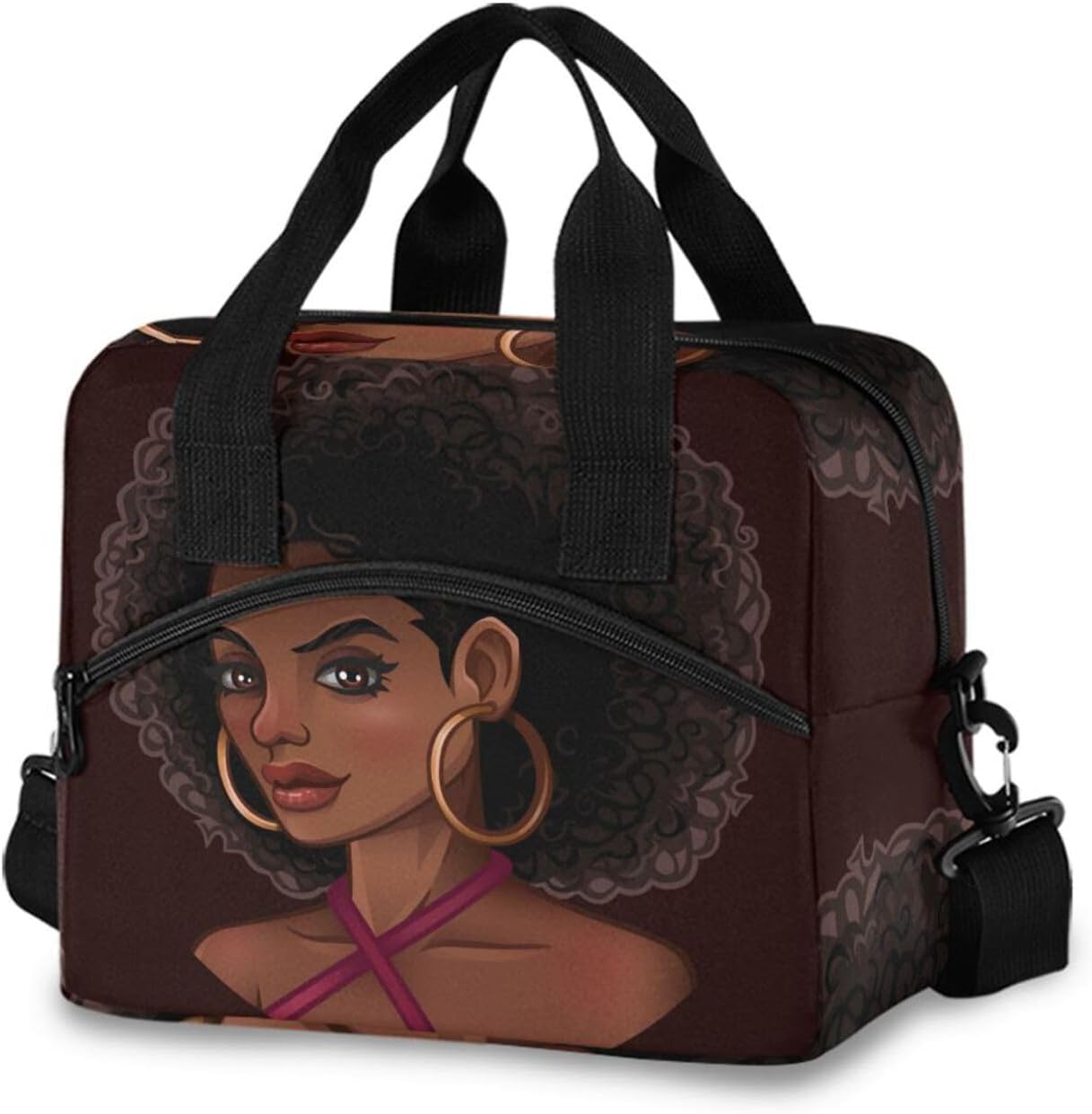 Reusable Lunch Bag for Girls Women,Beautiful African American Girl Lunch Box Container with Detachable Shoulder Strap,Insulated Lunch Coolers for School Office