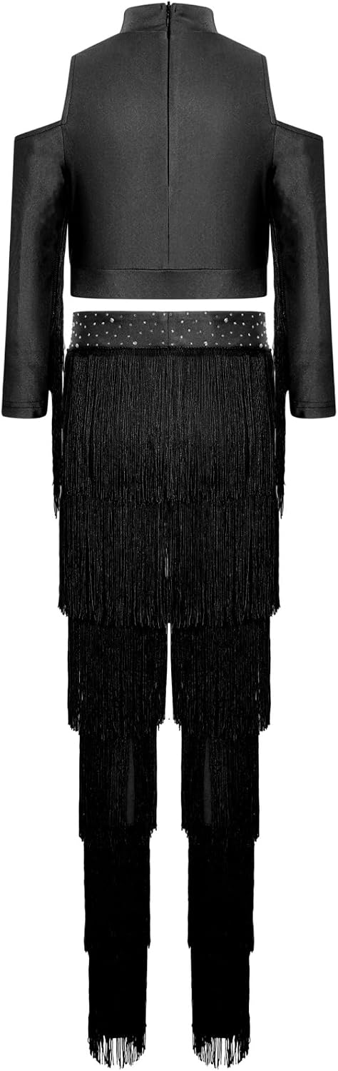 JEYPINMI Girl's 2 Piece Set Salsa Latin Ballroom Dance Outfits Modern Performance Dancewear Tassel Camisole Fringe Pants
