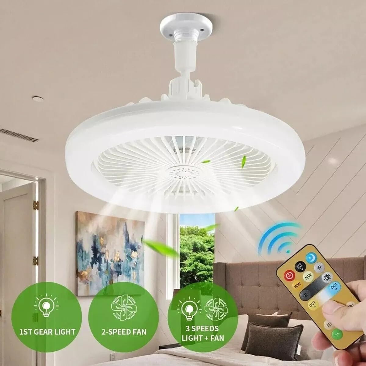 ALLPRESS Ventilatore da Soffitto con Luce LED, Attacco E27, Materiale ABS, Regolabile, Design 2 in 1, con Telecomando, per Casa e Ufficio AS-01579