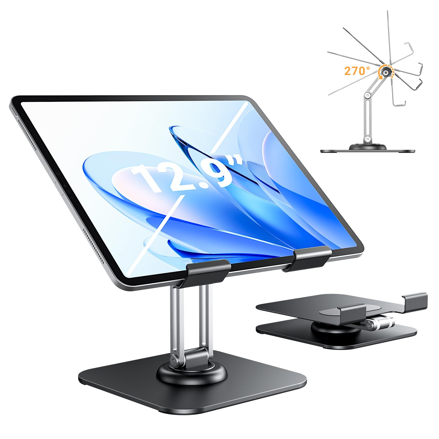DATAFYTablet Stand Adjustable Tablet Stand for Desk, Foldable iPad Pro Holder Portable Monitor Stand Travel Accessories, Home Office Desk Accessories for iPad Tab Kindle iPhone Table Mount 12.9"-4.7"