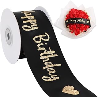 TONIFUL Glitter Black Happy Birthday Satin Ribbon 2 Inch x 10 Yards Wide Printed