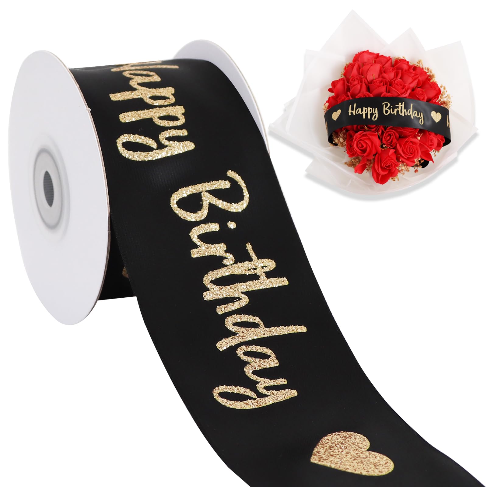 TONIFUL Glitter Black Happy Birthday Satin Ribbon 2 Inch x 10 Yards Wide Printed Shiny Ribbon for Gift Wrapping,Flower Bouquet Decoration,Crafts,Banner Making and Party Supply