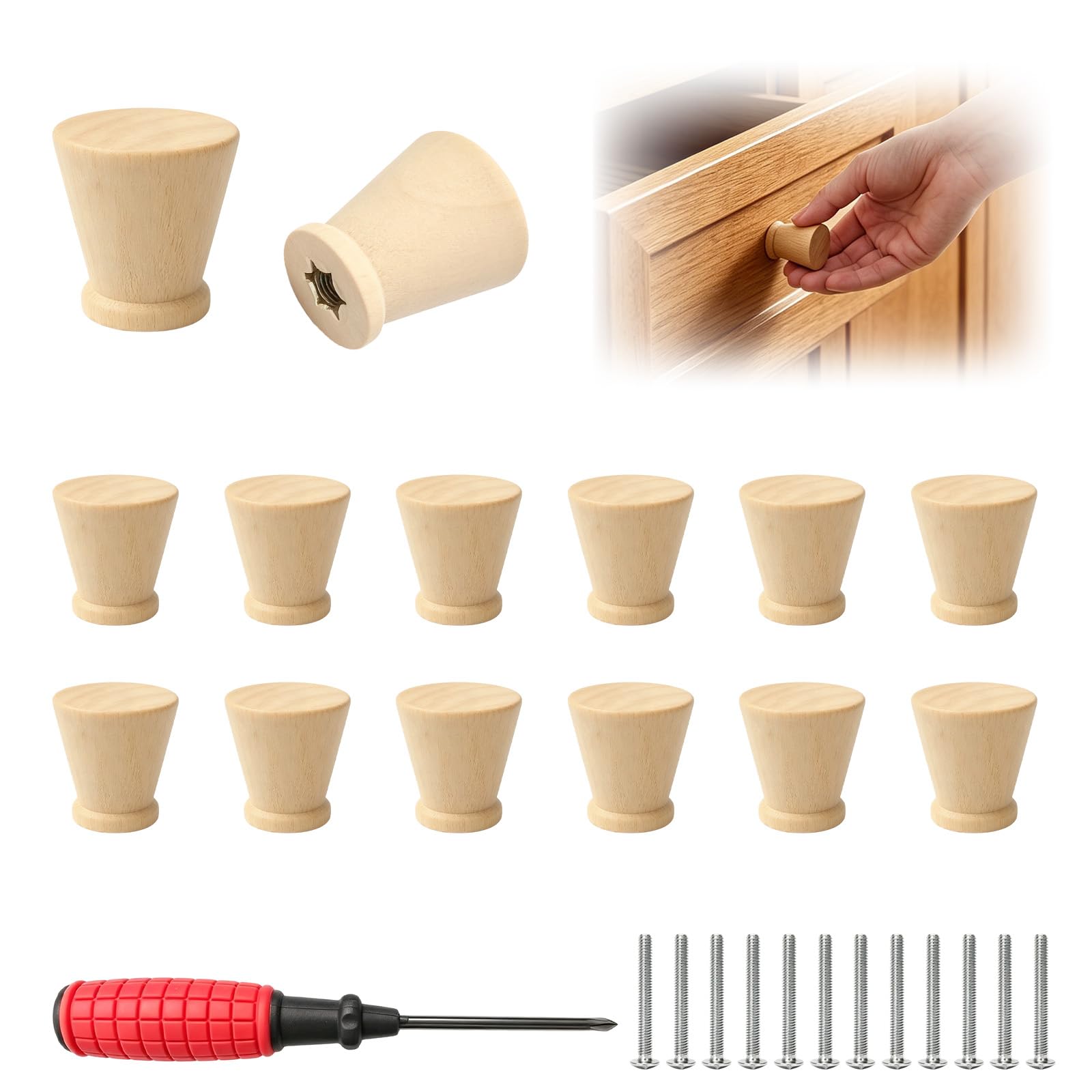 HETKRVN 12 Pcs Wooden Drawer Knobs with Screws, Taper Unlacquered Wooden Door Knobs for Cabinets Wardrobes, 21 x 24 mm