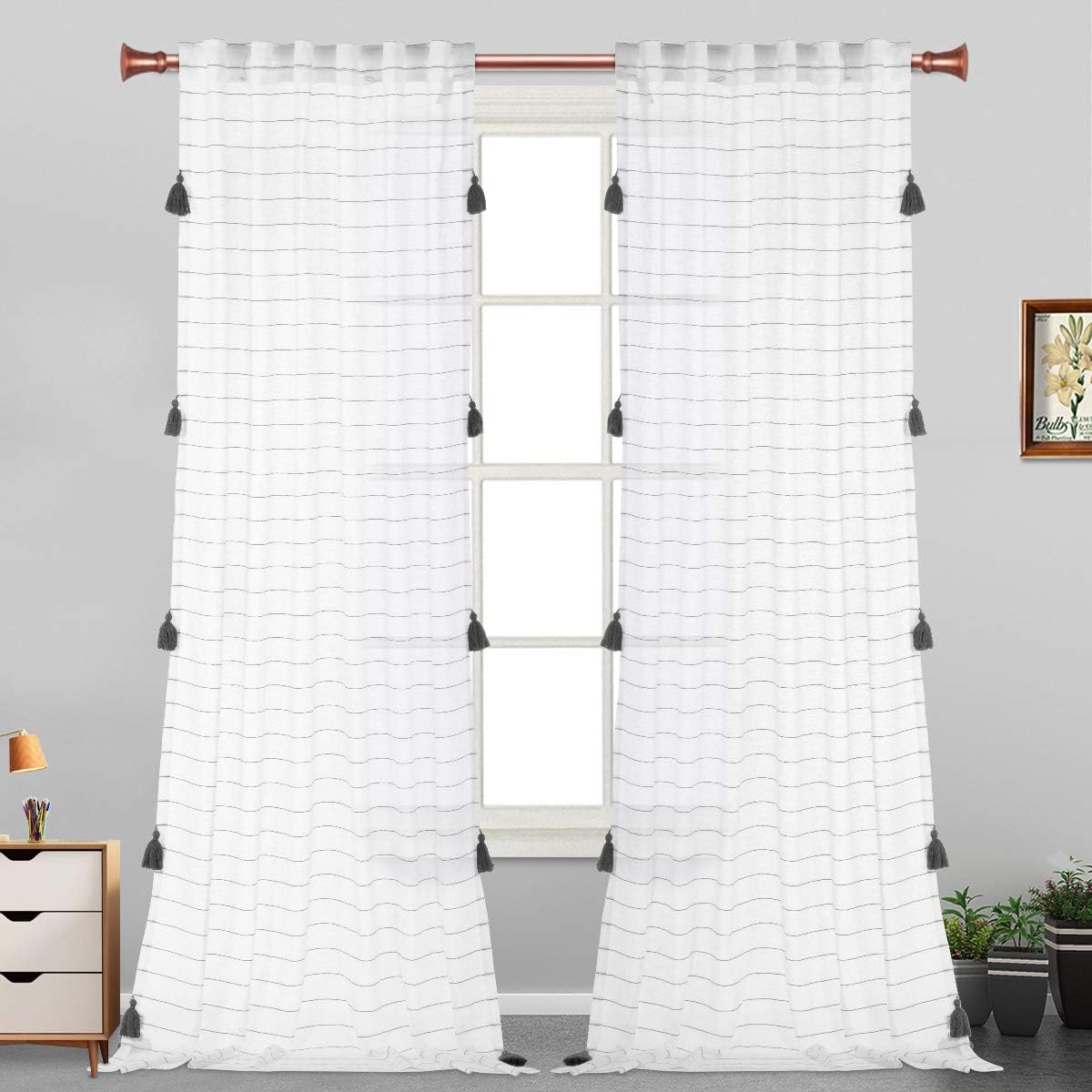 LORDTEX Handmade Tassels Sheer Curtains for Bedroom - Textured Faux Linen Curtains, Belgian Linen Light Filtering Back Tab and Rod Pocket Drapes for Living Room, 2 Panels, 52 x 84 inch, Dark Grey