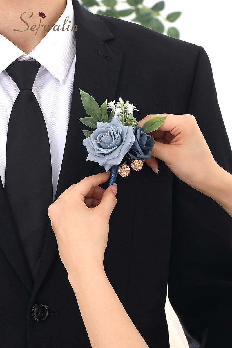 Serwalin Boutonniere da uomo, 6 pezzi, blu corsetto per sposo, testimone dello sposo, fiore all'occhiello per matrimoni, accessori floreali e decorazioni per abiti da ballo