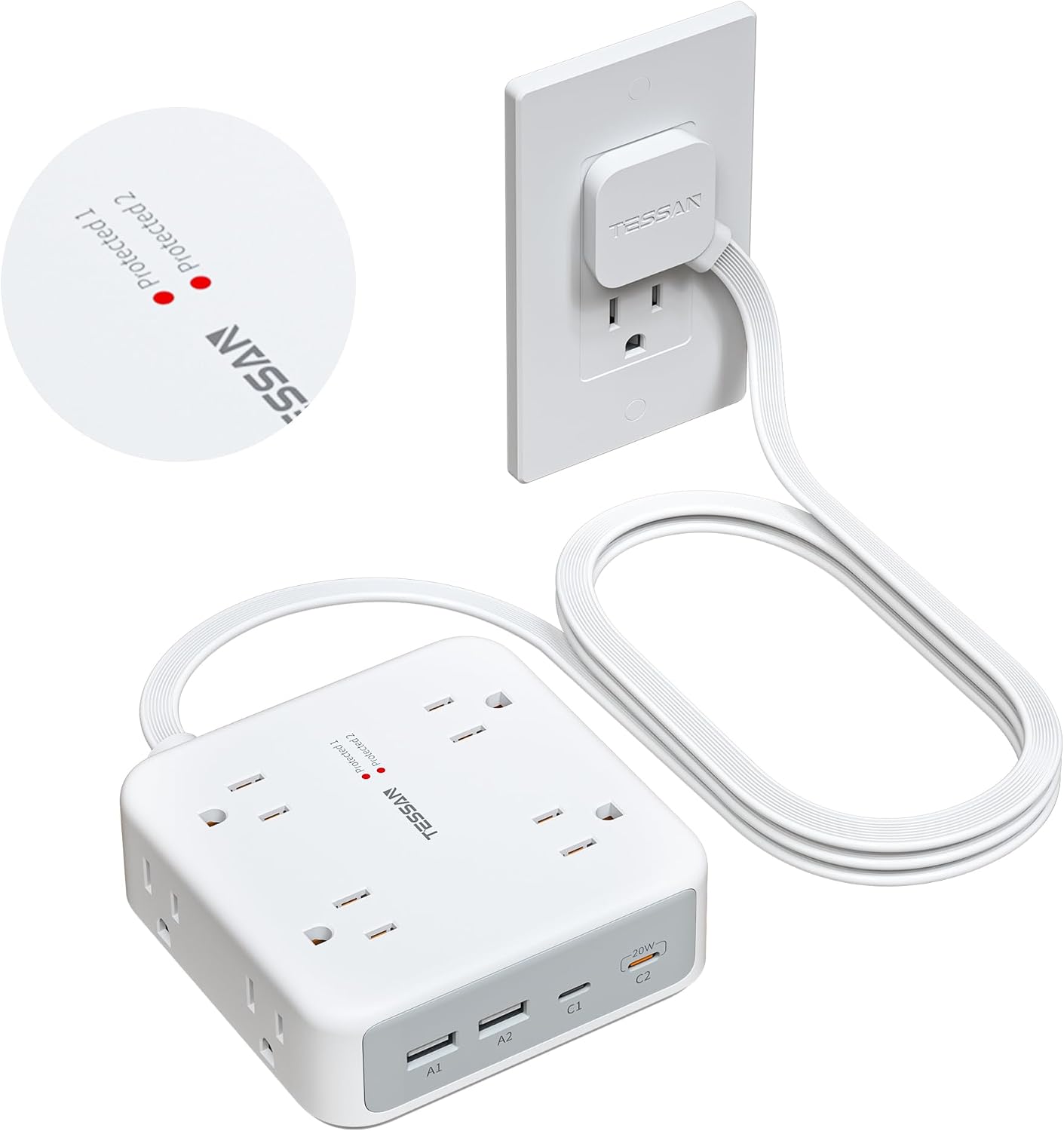 TESSAN Flat Plug Extension Cord 5Ft, Surge Protector Power Bar, Gray | 4 USB (2 USB C), Power Strip with 8 Multi Plug Outlets, 1875W 15A Charging Station Wall Mount for Dorm Room Home Office