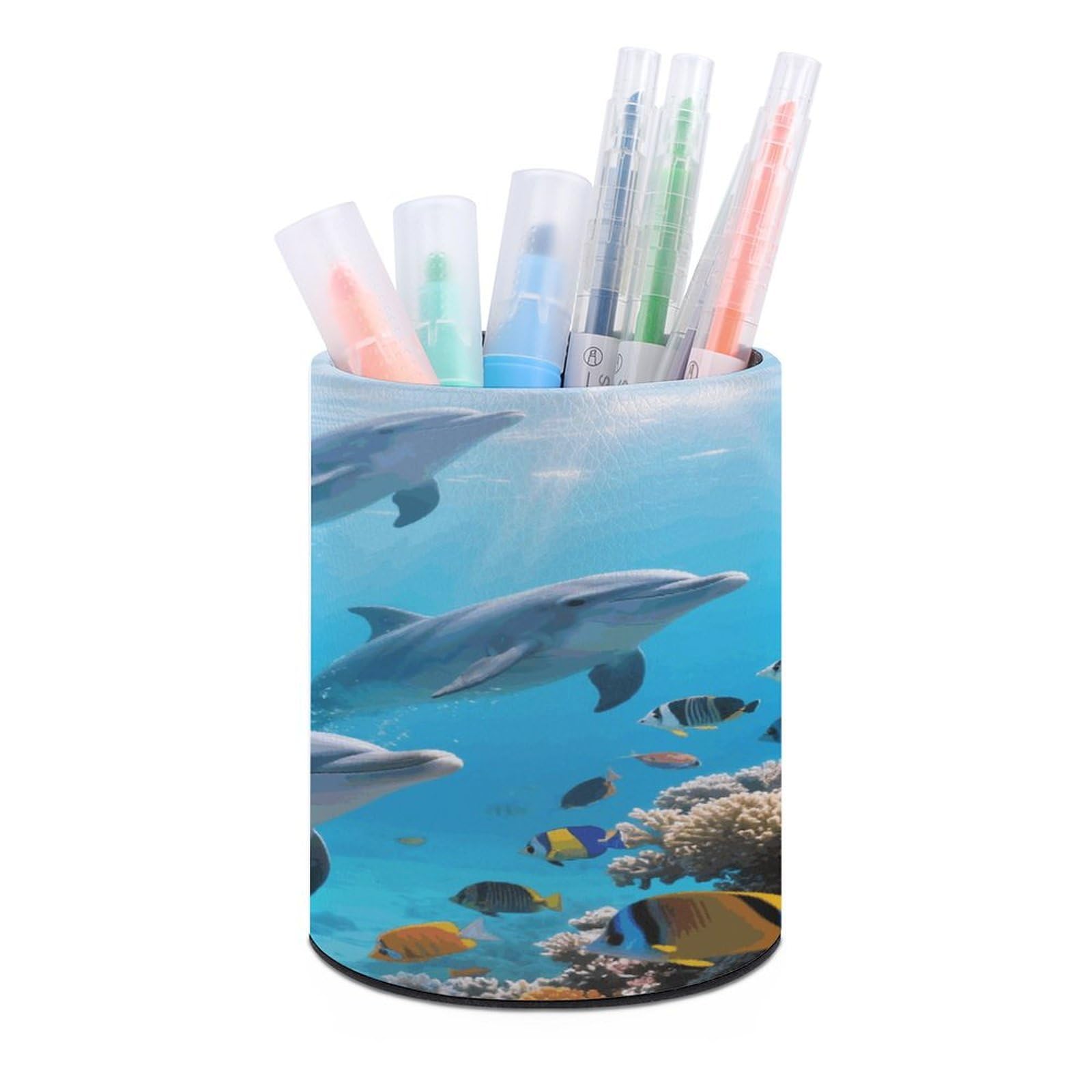 VstaDank - Round Dolphin Pencil Holder for Cups, PU Leather Desk Organizer Holder for Brush Decoration Desk Office Home (3.1" x 3.9")