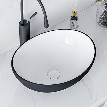 Bathroom Vessel Sink, Eridanus 16" x 13" White Matte Black Vessel Sink Oval Bathroom Sink Porcelain Ceramic Vessel Sinks for Bathroom Egg Shape Vanity Sink Above Counter Art Basin