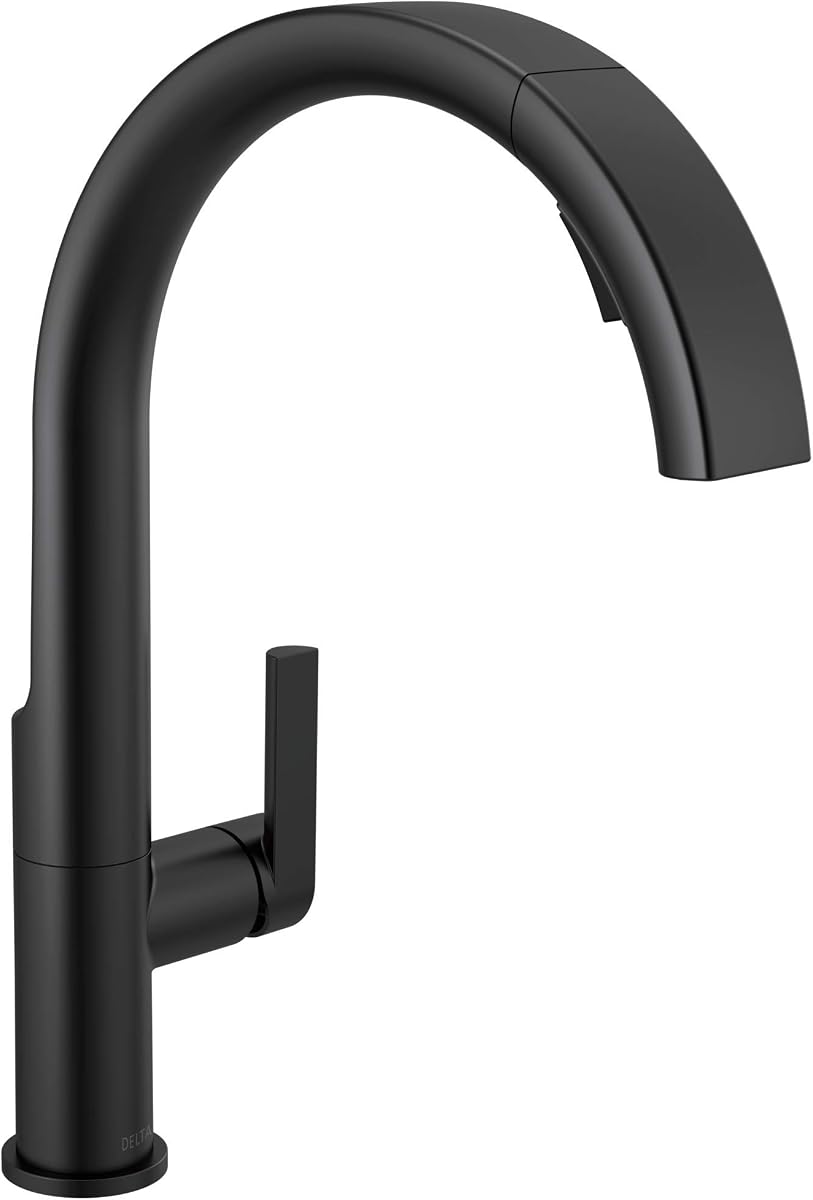 Delta Keele Grifo de cocina negro mate con rociador desplegable, moderno grifo de fregadero de cocina de un solo orificio, manija única, negro mate 19824LF-BL
