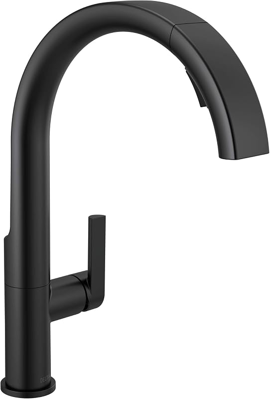 Delta Keele Grifo de cocina negro mate con rociador desplegable, moderno grifo de fregadero de cocina de un solo orificio, manija única, negro mate 19824LF-BL