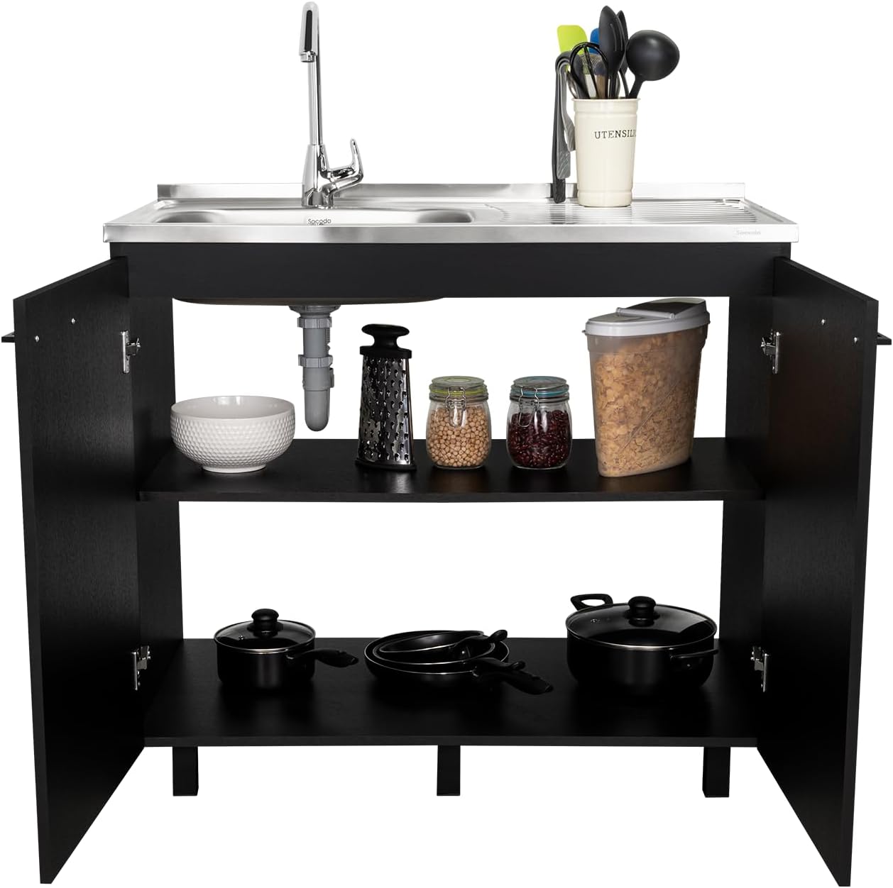 Tuhome Napoles Utility Sink with Cabinet, Stainless Steel Countertop, Interior Storage Shelf, Wide Dual-Door Base Cabinet,Modern Multi-Purpose Laundry and Kitchen Utility Station for Home Organization