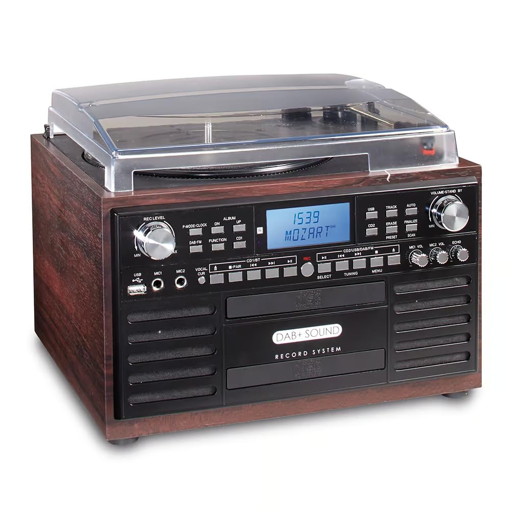 EUROtops Impianto musicale DAB+ con masterizzatore CD, giradischi e cassette | Bluetooth, registrazione USB, impianto compatto con 2 unità CD, impianto stereo, telecomando, grande display, impianto Hi-Fi