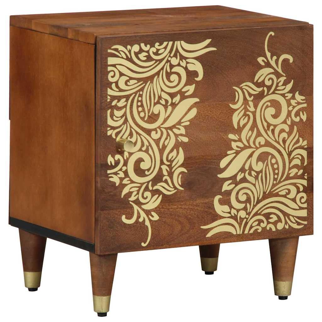 Set di 2 comodini con anta, color marrone miele, in legno di mango massiccio, comodino moderno con vano portaoggetti e bottoni in ottone, 40 x 33 x 46 cm, design compatto per camera da letto