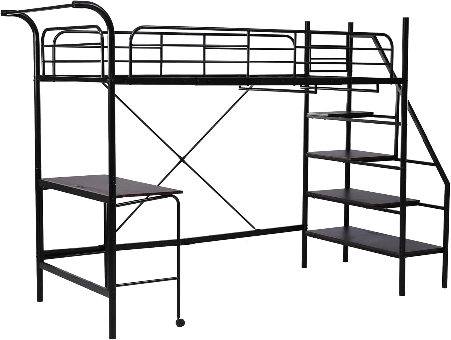 新作 ブラック ロフトベッド パイプベッド 階段付き シングルベッド