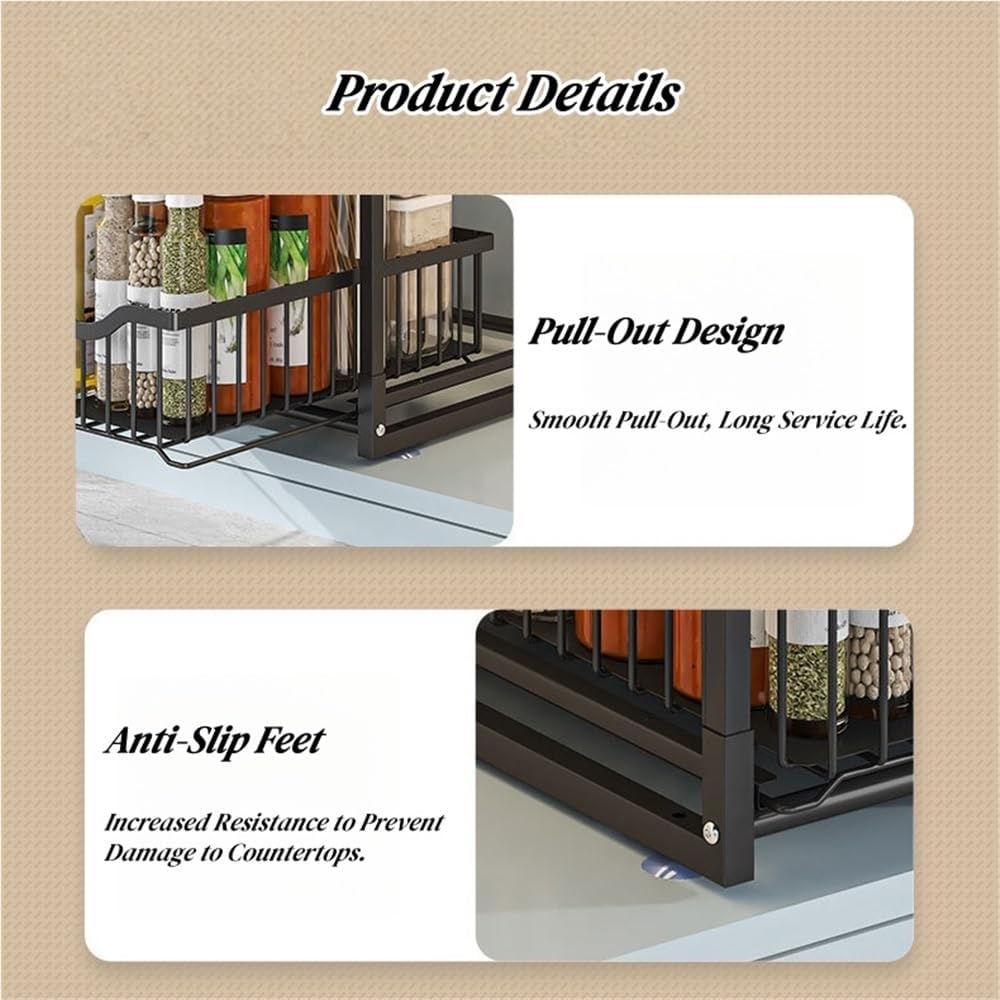 Practical Metal Under Sink Organizer, 2-Tier Spice Rack with Pull-out Baskets, Height Adjustable Storage Shelves, Multi-Purpose Snack Rack for Kitchen or Bathroom Cabinet