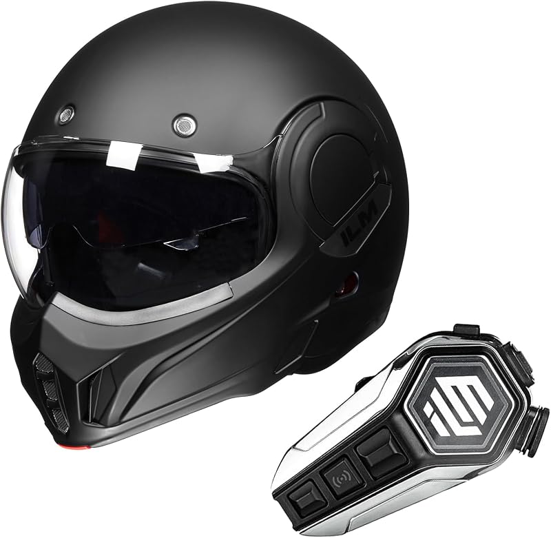 ILM Vintage Full Face Modular Motorcycle Helmet (Matte Black, XL) and Bluetooth Headset with Hi-Fi System