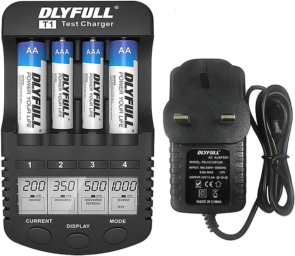 Dlyfull AA AAA Battery Charger, LCD Display Smart Charger(Test, Refresh, Discharging) for 1.2V Ni-MH/CD Rechargeable Batteries(Not Included) with 1000mA Charge Current + USB Port