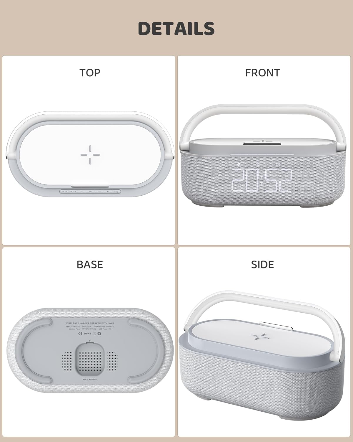 Reloj despertador de radio digital, altavoz Bluetooth, reloj despertador al lado de la cama, carga inalámbrica de 15 W, reloj despertador para dormir pesado, luz nocturna, radio FM, altavoces duales,