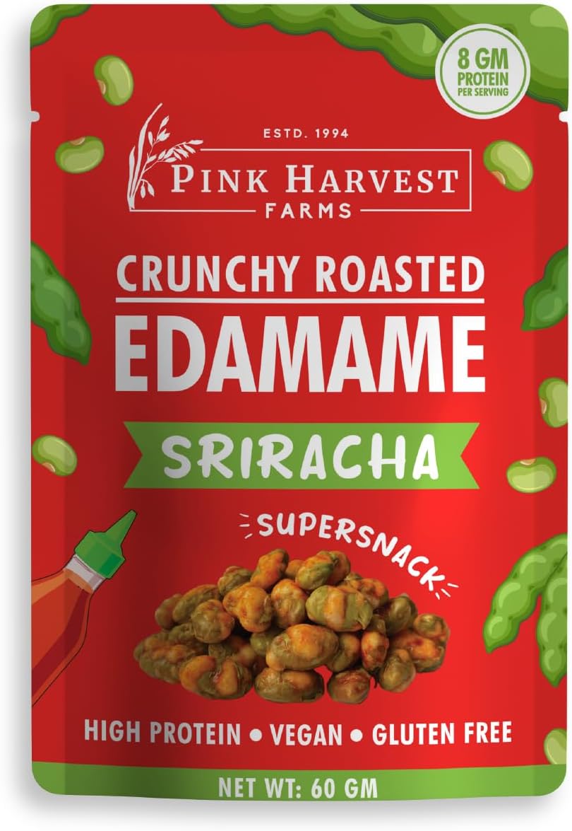 Pink Harvest Farms Crunchy Roasted Edamame - Sriracha | Vegan | Gluten Free | High Protein (60g (Pack of 1))