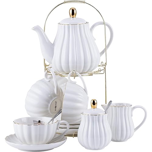 Jusalpha Porcelain Tea Set- 8 OZ White Coffee Cup/Teacup, Saucer, Spoons, Teapot and Creamer set, 17-Pieces (FD-TW17PC SET, White)