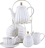 Jusalpha Porcelain Tea Set- 8 OZ White Coffee Cup/Teacup, Saucer, Spoons, Teapot and Creamer set, 17-Pieces (FD-TW17PC SET, White)