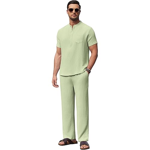 COOFANDY Mens Linen Sets 2 Piece Short Sleeve Henley Shirt and Beach Pants Set Casul Summer Vacation Outfit Set