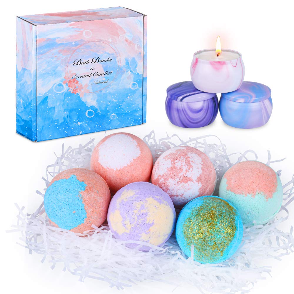 Bath Bomb Gift Set, 6 Bubble Bath Bombs with 3 Scented Candles for Women Moisturize Dry Skin, Gift Set idea for Kids, Men/Women, Wife/Girlfriend, Birthday, Valentine, Mothers Day, Christmas