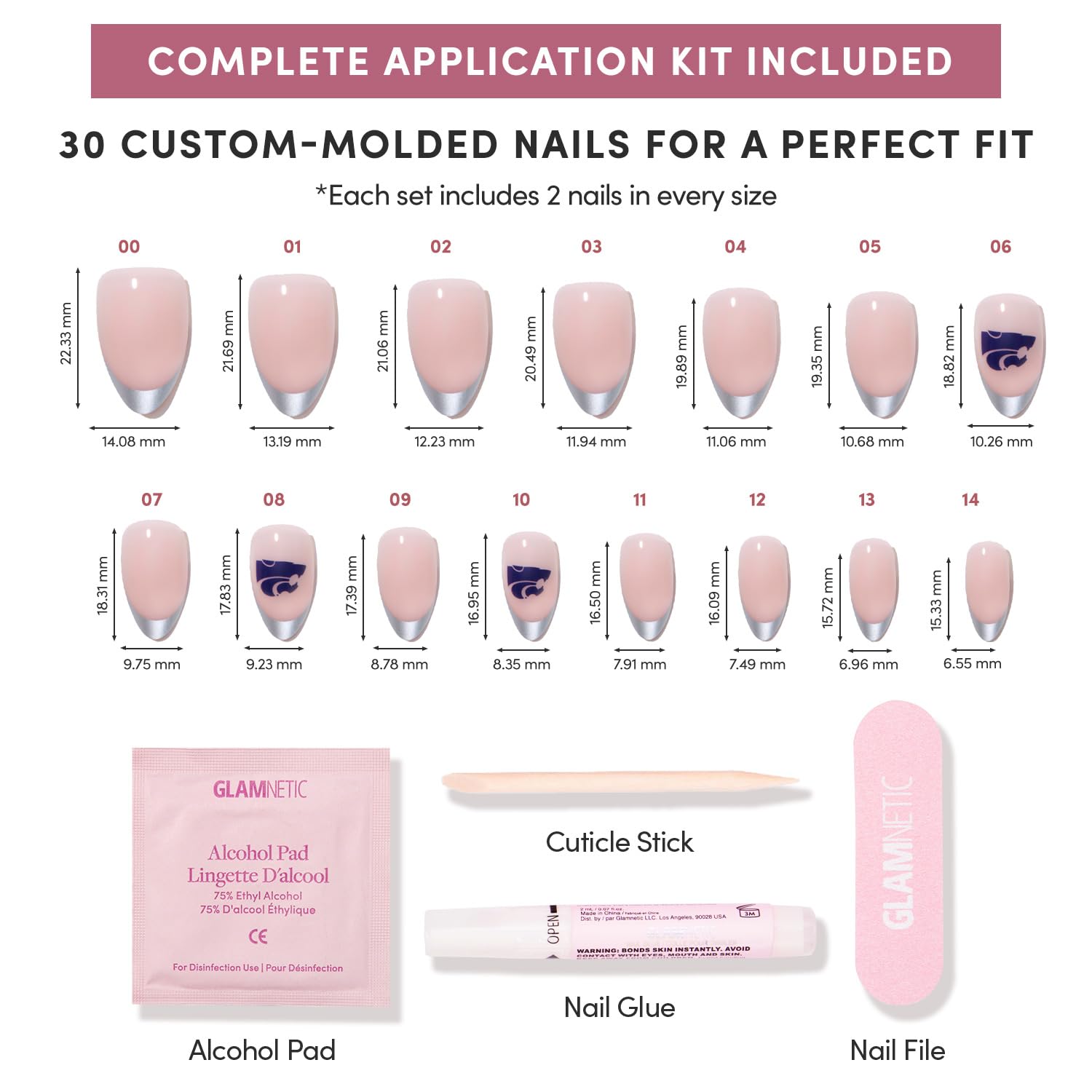 Glamnetic x Fanatics Press On Nails - Kansas State Wildcats | Short Almond Fake Nails, Collegiate Silver French Tips, College Nails, Salon-Quality | 15 Sizes - 30 Nail Kit with Glue