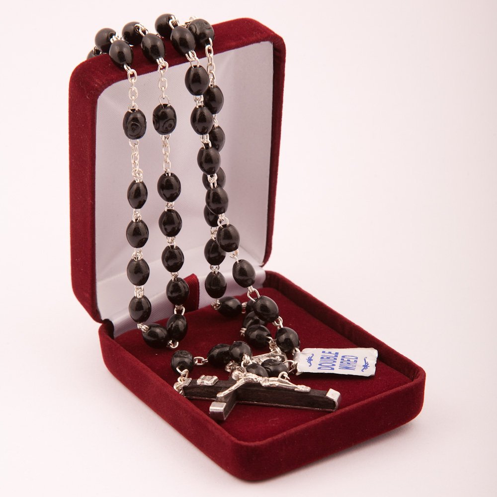 Man's Black Rosary. Rosarys. Black wood bead rosary. Roasries. Rosary with carved wood beads. Strong wired rosary beads.
