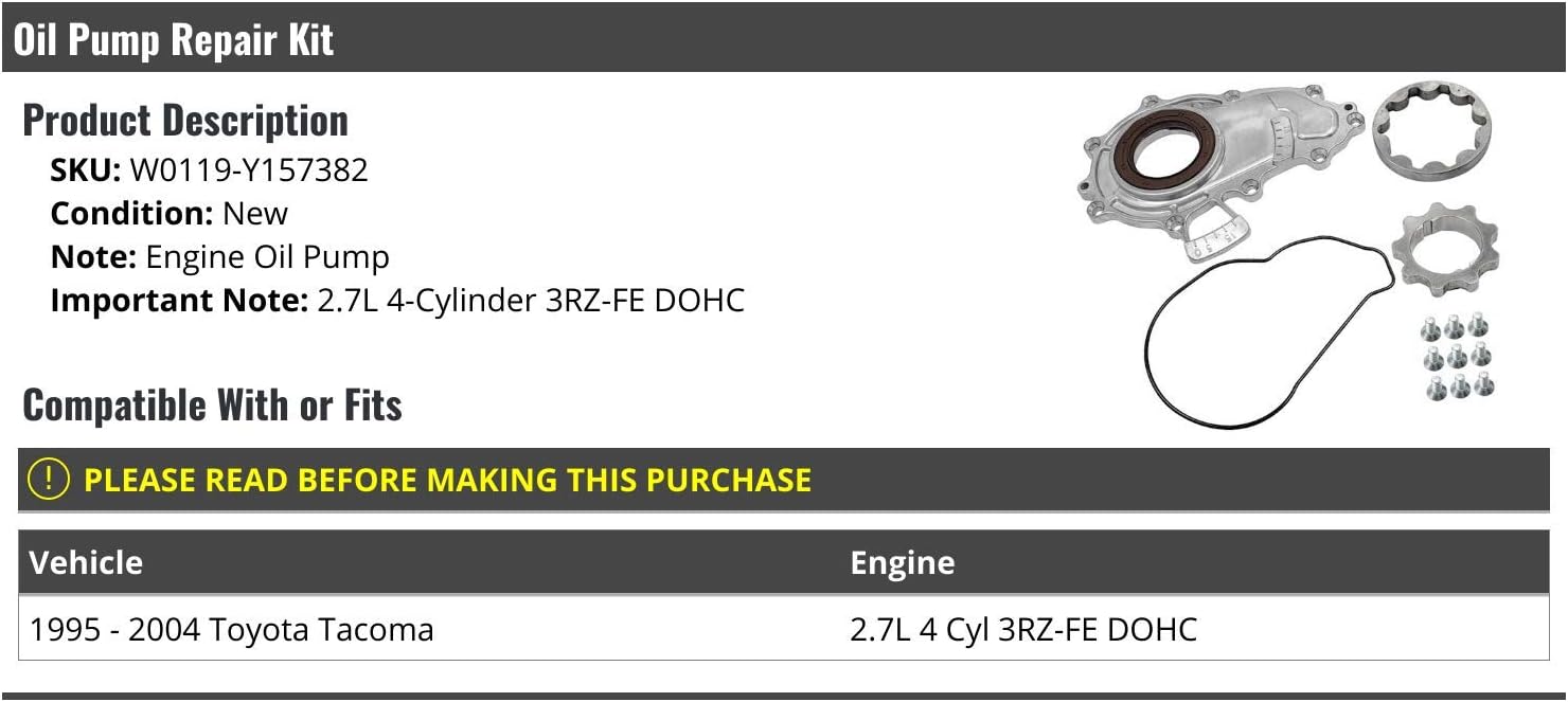 Marketplace Auto Parts Engine Oil Pump Repair Kit - Compatible with 1995-2004 Toyota Tacoma 2.7L 4-Cylinder 3RZ-FE DOHC