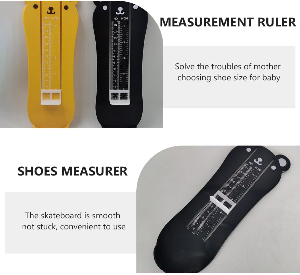 2pcs Foot Measuring Device Bear Shape Shoe Sizer Ruler with Size Chart, Black and Yellow, Foot Gauge for Accurate Shoe Measurement