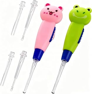 2pcs Ear Wax Removal LED Light Illuminated Ear Pick Remover,Cute Flashlight Earpick,Earwax Cleaning and Removal Tools for Adults and Children Ear Safe (Green Frog & Pink Rabbit)