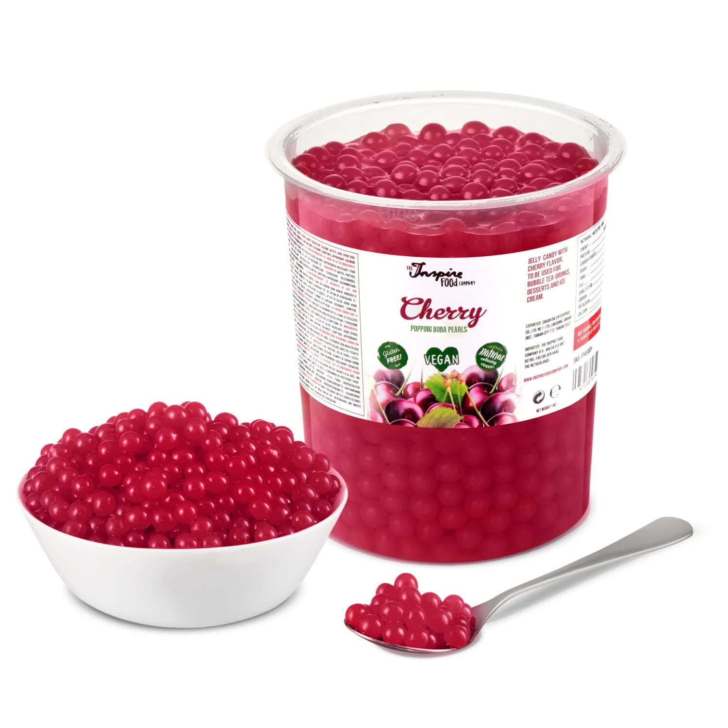 INSPIRE FOOD Popping Boba Pearls for Bubble Tea | CHERRY | 2.2 lb Tubs | 100% Vegan & Gluten Free Bursting Pearls | Lower Sugar & Real Fruit Juice for Teas, Shakes, Dessert, Smoothies