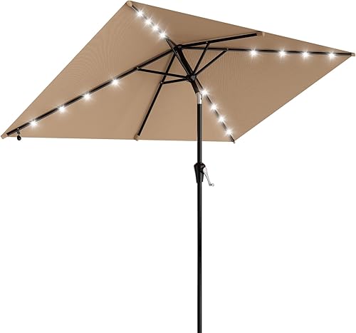 AreShark 6.5' x 10' Rectangular Patio Umbrella with Solar Lights, Solar Powered Lighted Market Umbrella w/Tilt and Crank, Outdoor Table Umbrella for Garden, Deck, Backyard, Pool and Beach, Beige