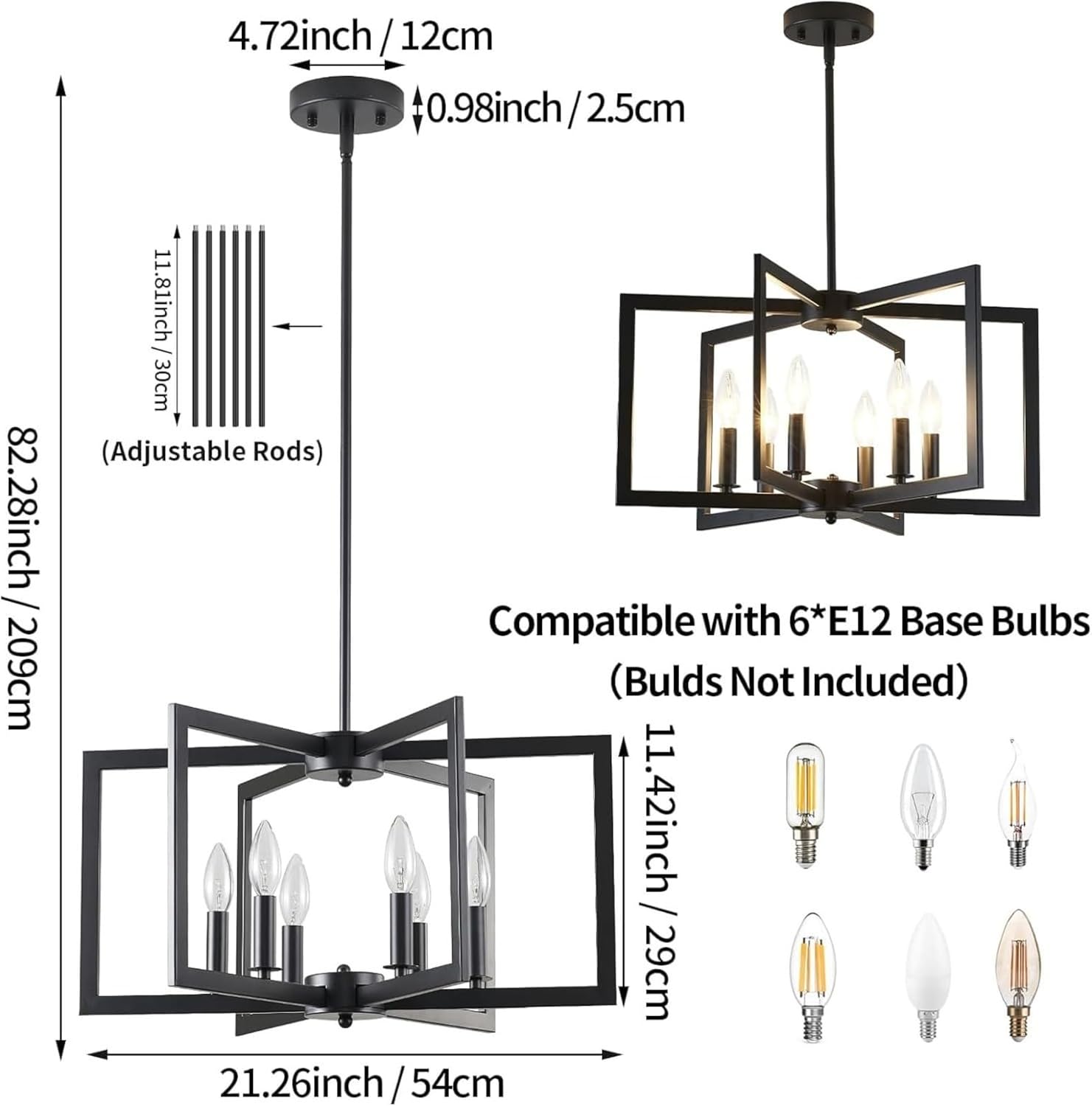 Vintage 6-Lights Black Metal Sputnik Chandelier Classic Candle Glass Pendant Light with Cage Decor Hanging Light for Farmhouse Dining Room Foyer