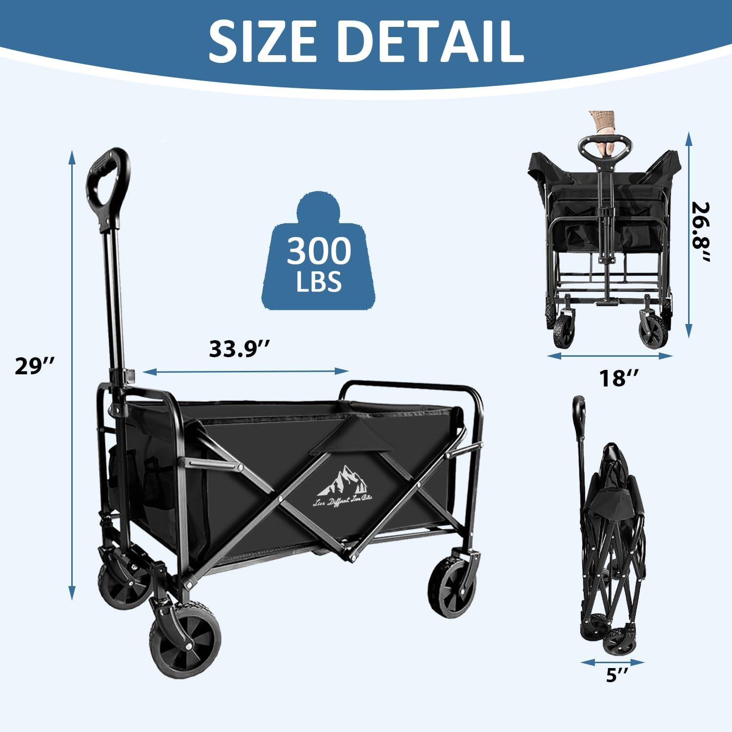 collapsible utility cart folding wagon, 320lbs capacity lightweight rolling cart with quiet wheels, quick-fold design for camping, shopping, ourdoor use, black black 1 pack