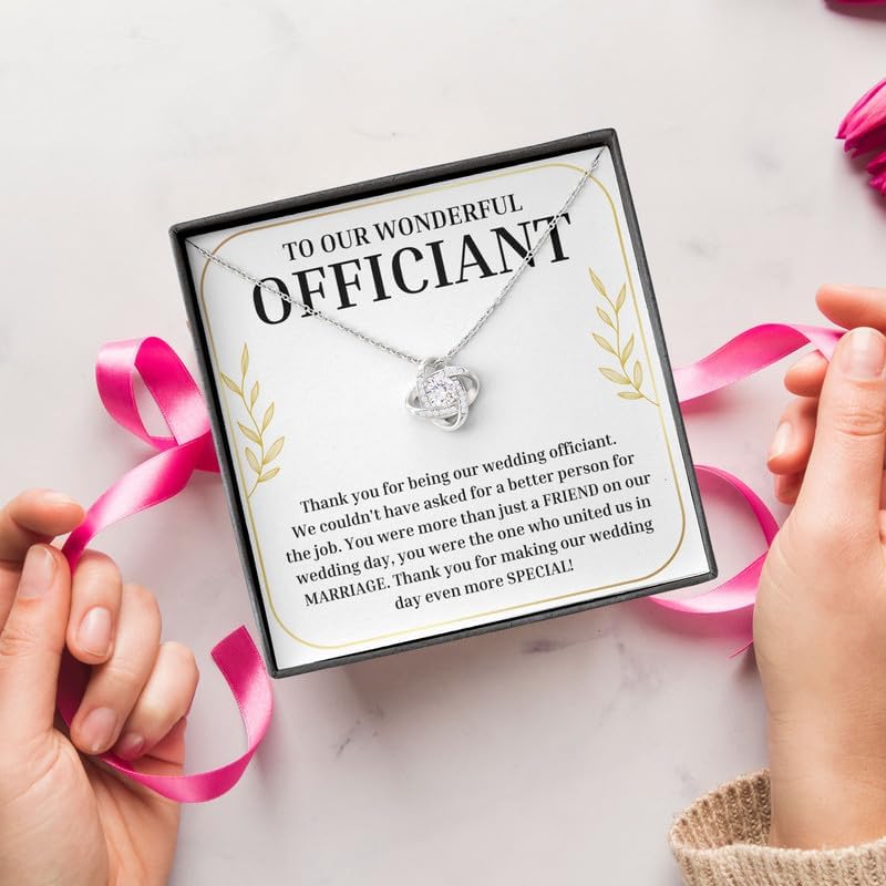 Wedding Officiant Necklace Silver Plated Love Knot Standard - Thank You For Being Our Wedding - Appreciation Marriage Coordinator Pastor