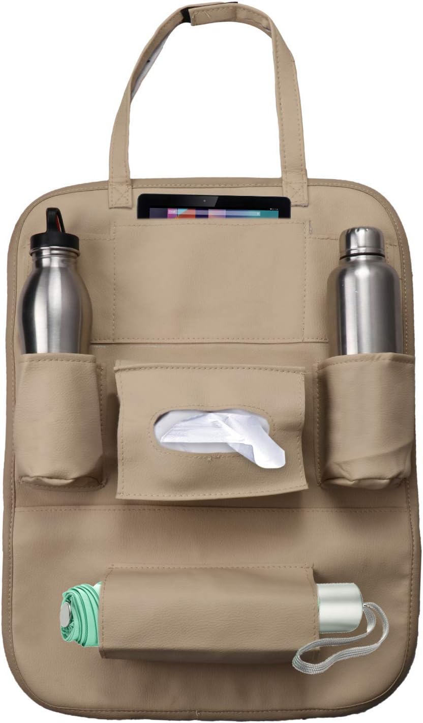 Thump THLOB1P PU Leather Car Auto Seat Back Multi Pocket Organizer with iPad Mini Holder Universal Use as Car (Beige, 1 PC)