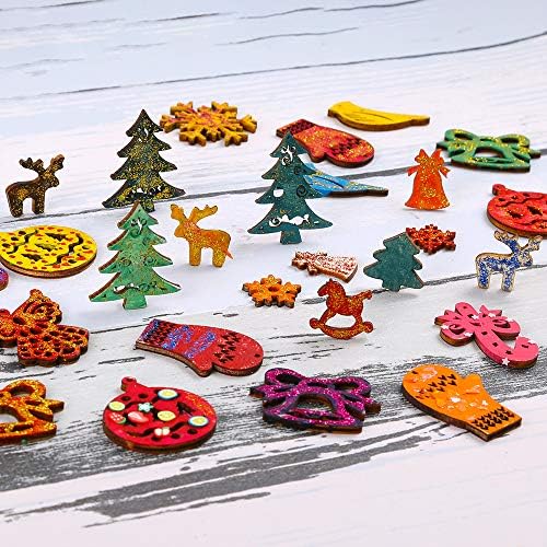 Pllieay 100 Pieces Mix Different Shapes Small Handmade Wooden Slices Christmas Series Embellishments Ornaments for DIY Party Craft, Card Making and Christmas Decorations