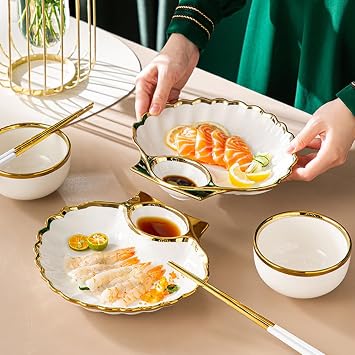 DOITOOL Chip and Dip Serving Platter Set, Ceramic Sushi Dumpling Plate with Sauce Compartment, Japanese Sushi Tray Seashell Plates with Sauce Holder, 8.66X7.87X1.38 inch (3PCS)
