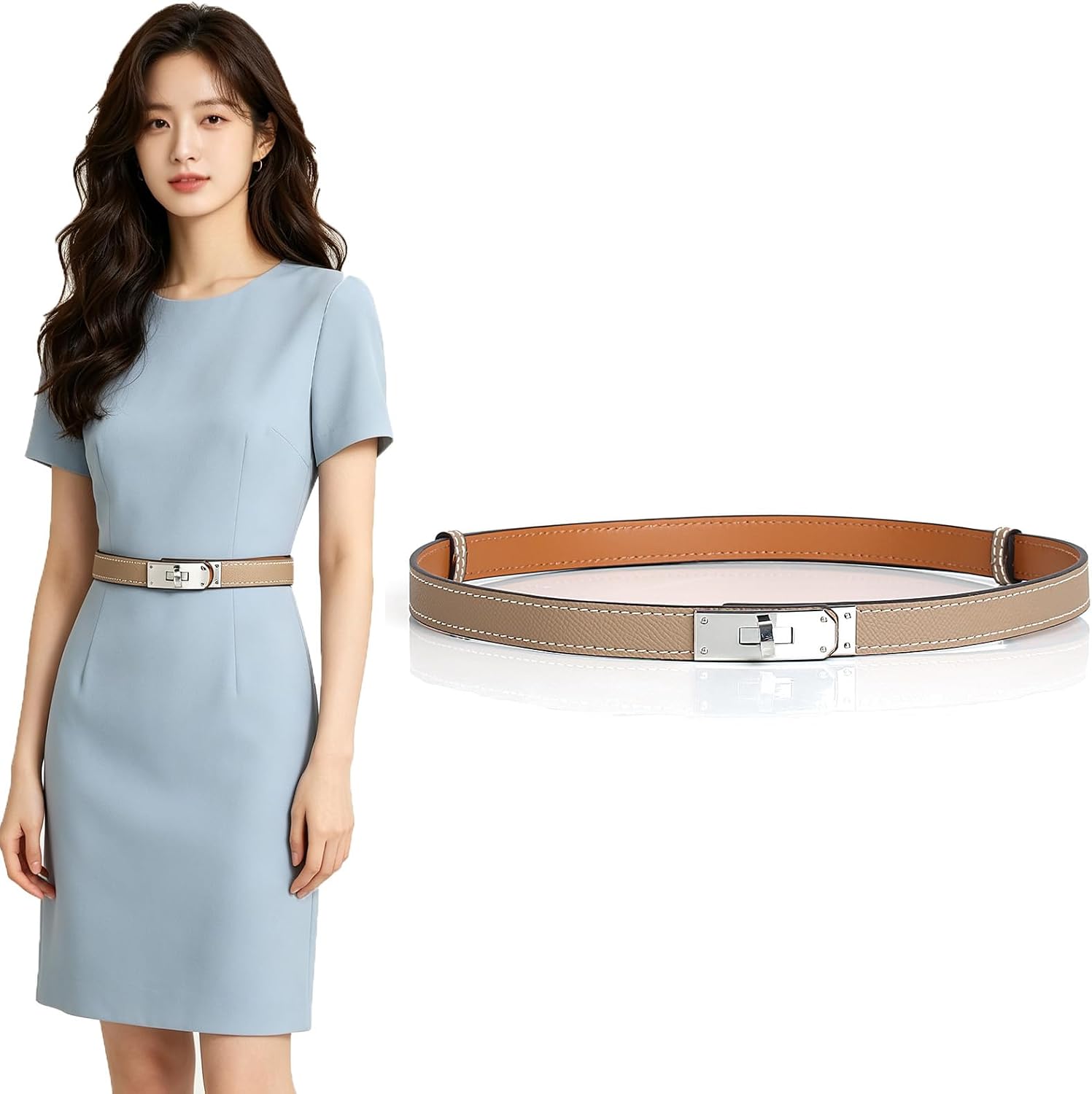 Premium Genuine Cow Leather Belt for Women, Adjustable Length Full Steel Buckle Hardware