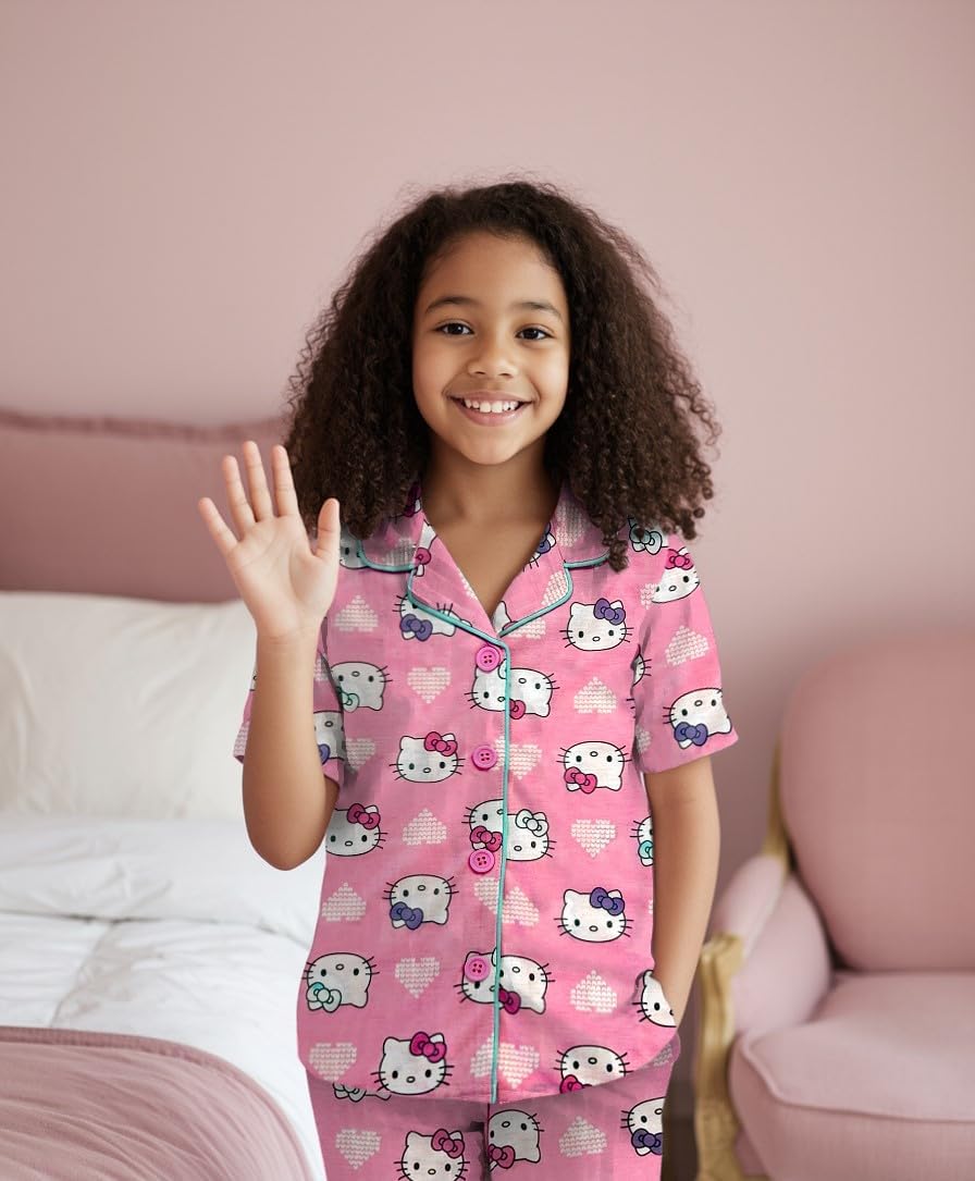 Hello Kitty Girls Pajama Set - 2 Piece Girls Pjs Button Down Short Sleeve & Pants For Kids - Official Product
