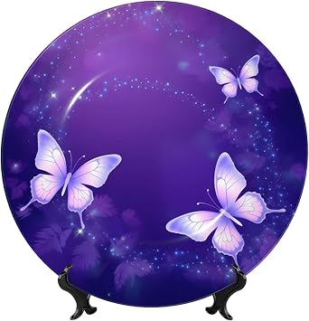 Purple Butterfly Decorative Porcelain Dish with Stand, Circle Decorative Plates for Display Sparkle Star Floral Home Office Kitchen Wall Decor, 6in