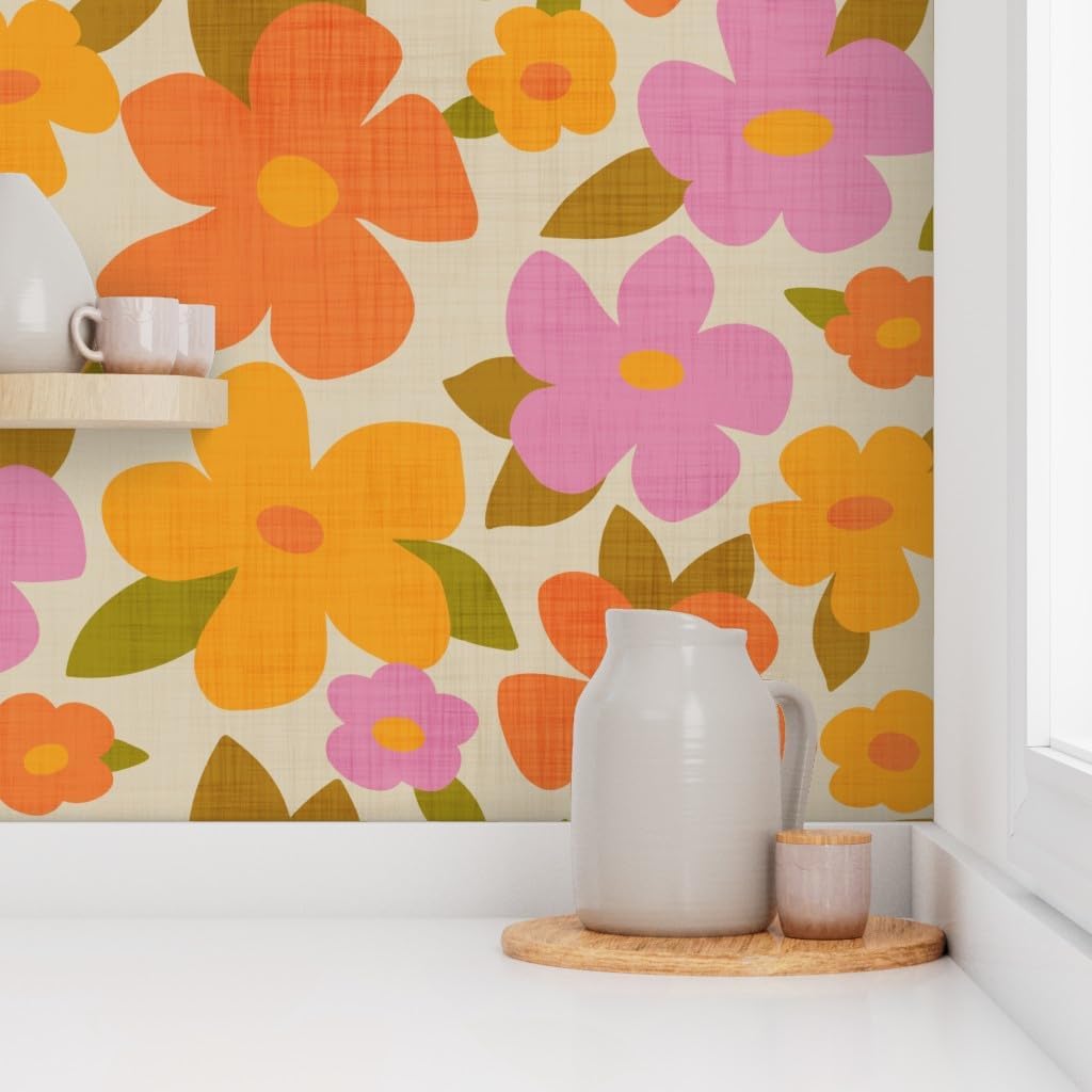 Spoonflower Peel & Stick Wallpaper 3ft x 2ft - Large Abstract Retro Flowers Pink Orange Flower Vintage Floral Custom Removable Wallpaper