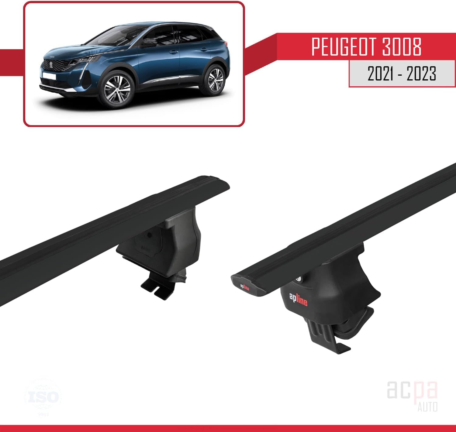 Compatible with Peugeot 3008 II (P84) Post-Facelift 2021-2023 ACE-4 Car Roof Rack Cross Bar Black Aluminium 2 Bars