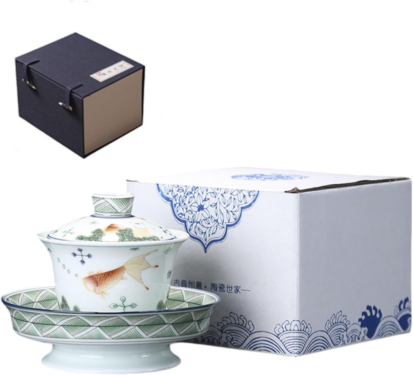 景德镇复古大号三才盖碗高档功夫茶具泡 Ceramic Kung Fu Tea Set,teapot,Teacups,warming Wedding Birthday Gift,Tea Tray Chinese,Dishwasher Safe （礼盒装） 白瓷内胆手绘金鱼三才盖碗