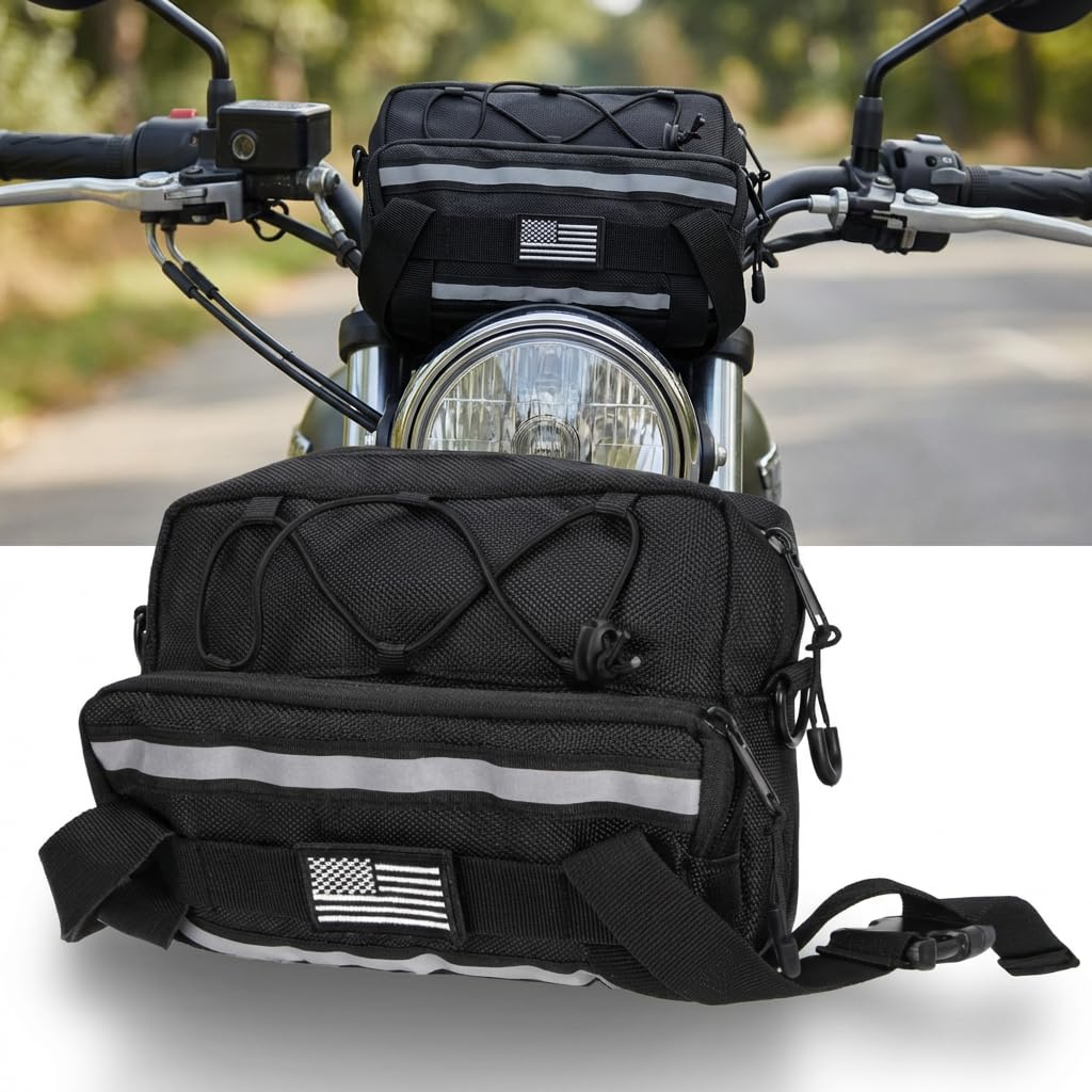 Riverruns Reflective Motorcycle Handlebar Bag Dual Strips Quick Access - 2.5L Universal Tool Pouch, Bright Orange Lining, Glasses Pocket, Multi-Mount Cruiser Front Fork Sissy Bar Convertible