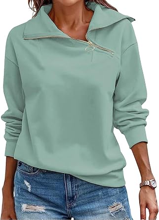 Cuptacc Womens Sweatshirts Quarter Zip Jumper Autumn V Neck Long Sleeve Top