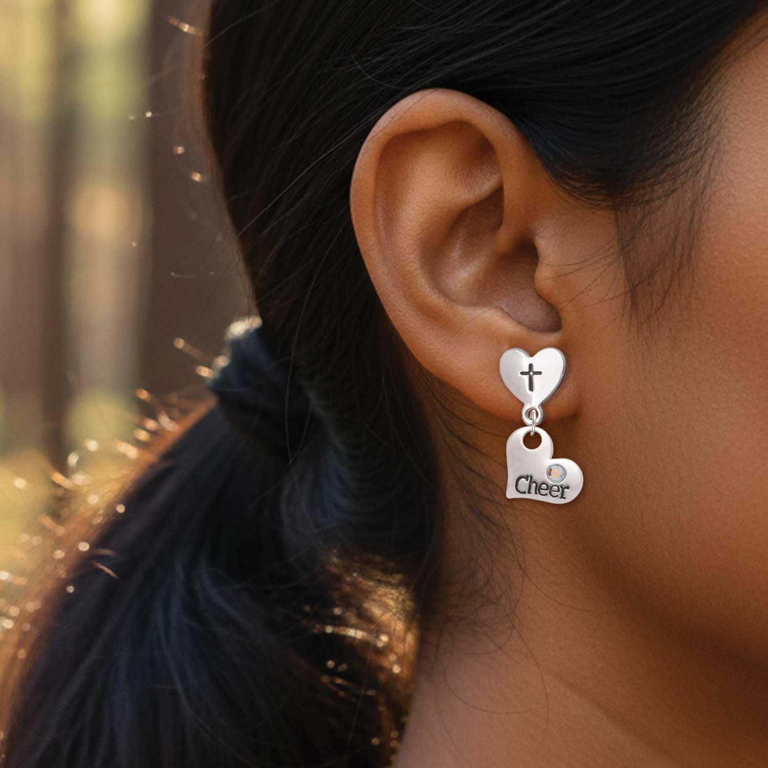 Delight Jewelry Silvertone Cheer Heart with AB Crystal Cross in Heart Post Dangle Earrings