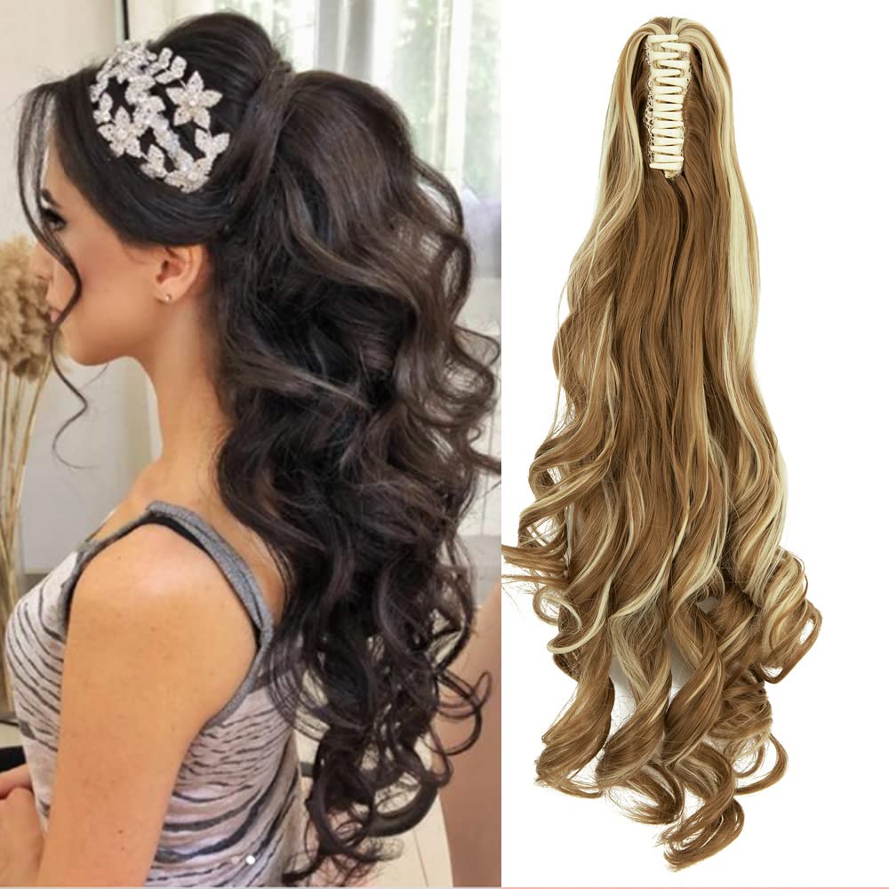 OMGREAT Long Claw Clip in Ponytail Extensions Synthetic Thick Hairpieces 24Inch Pony Tail for Women with a jaw Claw Ginger Brown Mix Bleach Blonde